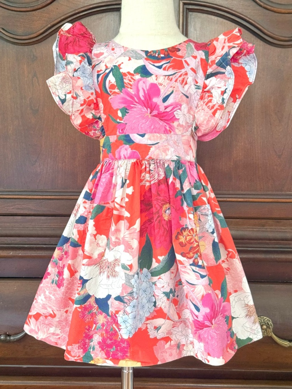 Cara Cara Coral Pink Floral Flutter Sleeve Dress Girls 4T Resort Occasion